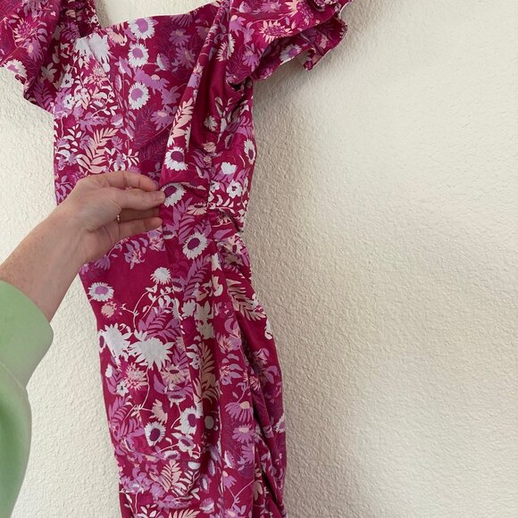 Sachin & Babi Pink Floral Ruched Midi Dress Womens Size 2 Ruffle Flutter Sleeve - Picture 10 of 11
